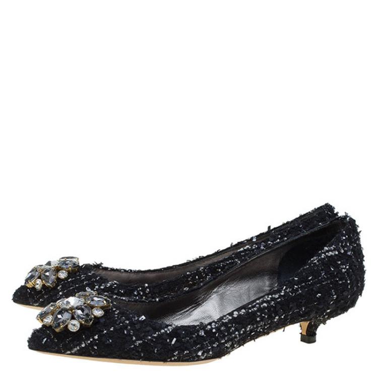 Pre Owned Dolce and Gabbana Black Tweed Crystal Embellished Pointed Toe Pumps Size 38.5