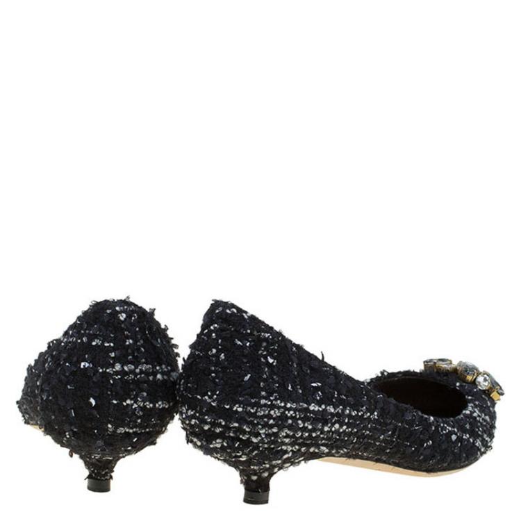 Pre Owned Dolce and Gabbana Black Tweed Crystal Embellished Pointed Toe Pumps Size 38.5
