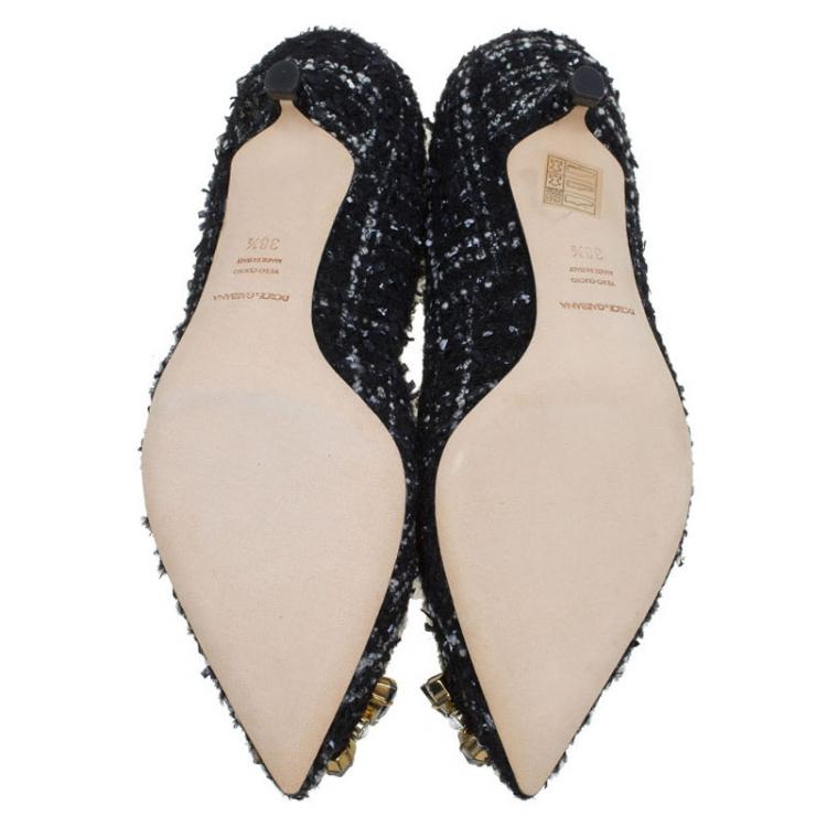 Pre Owned Dolce and Gabbana Black Tweed Crystal Embellished Pointed Toe Pumps Size 38.5