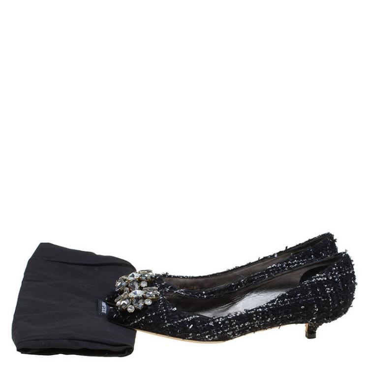 Pre Owned Dolce and Gabbana Black Tweed Crystal Embellished Pointed Toe Pumps Size 38.5