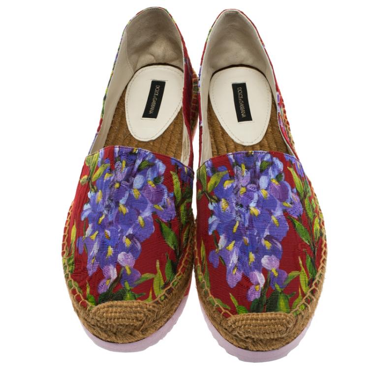 Pre Owned Dolce and Gabbana Red Floral Printed Fabric Platform Espadrille Flats Size 39