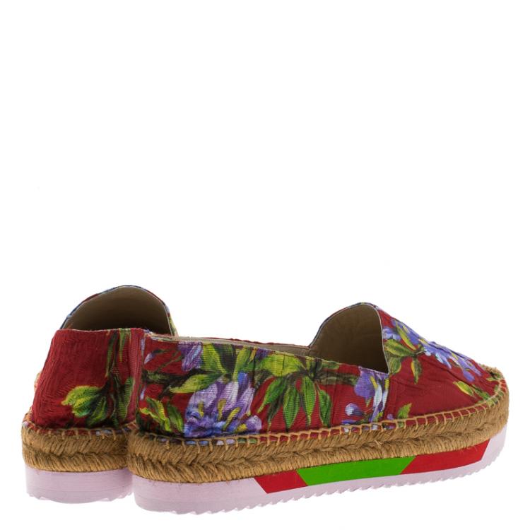 Pre Owned Dolce and Gabbana Red Floral Printed Fabric Platform Espadrille Flats Size 39
