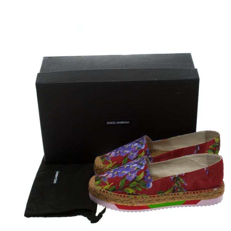 Pre Owned Dolce and Gabbana Red Floral Printed Fabric Platform Espadrille Flats Size 39