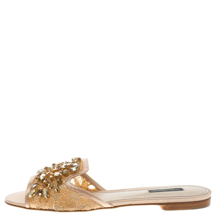 Pre Owned Dolce And Gabbana Peach Embellished Lace Giulia Slides Size 39