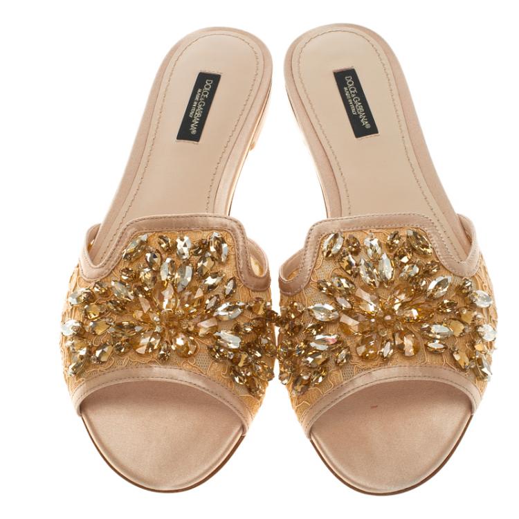 Pre Owned Dolce And Gabbana Peach Embellished Lace Giulia Slides Size 39