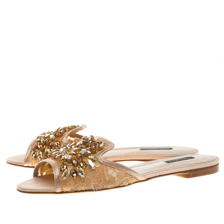 Pre Owned Dolce And Gabbana Peach Embellished Lace Giulia Slides Size 39