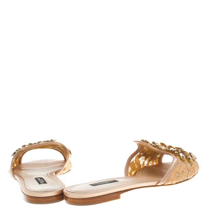 Pre Owned Dolce And Gabbana Peach Embellished Lace Giulia Slides Size 39