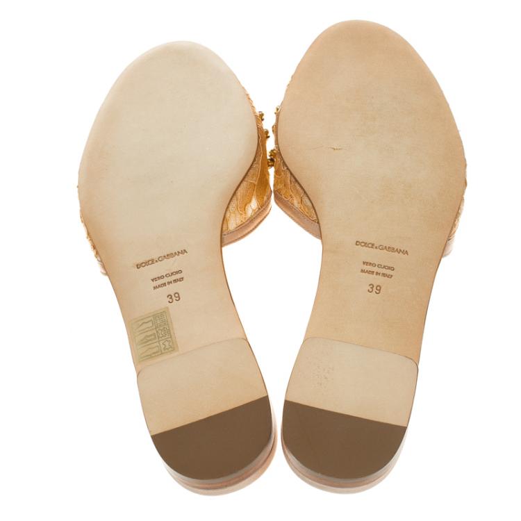 Pre Owned Dolce And Gabbana Peach Embellished Lace Giulia Slides Size 39