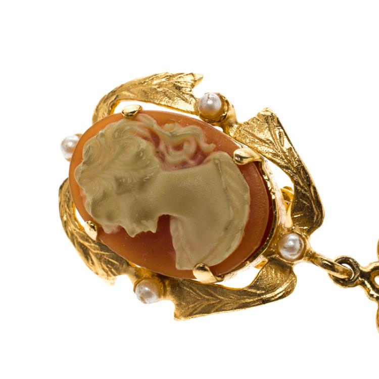 Pre Owned Dolce & Gabbana Cameo Gold Tone Faux Pearl Long Clip-on Earrings