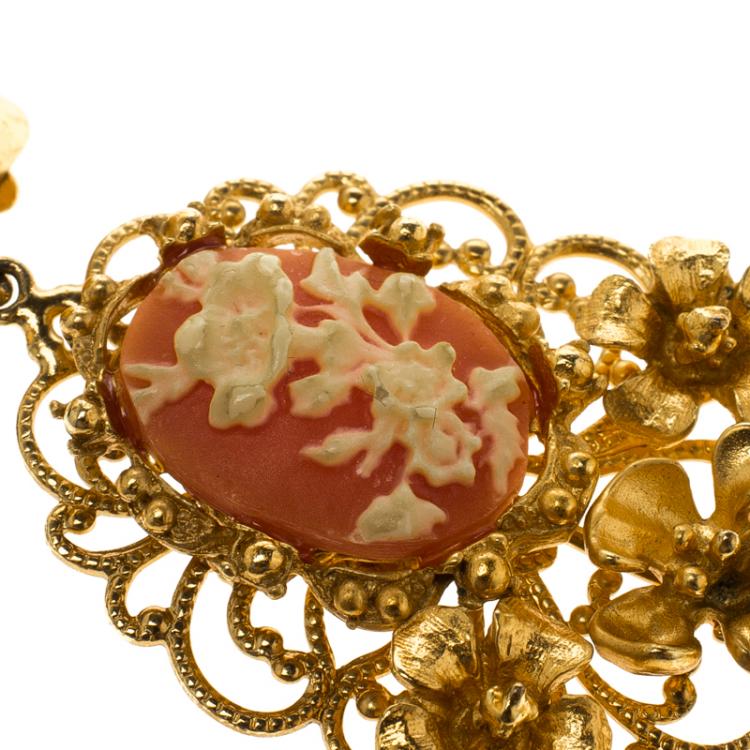 Pre Owned Dolce & Gabbana Cameo Gold Tone Faux Pearl Long Clip-on Earrings