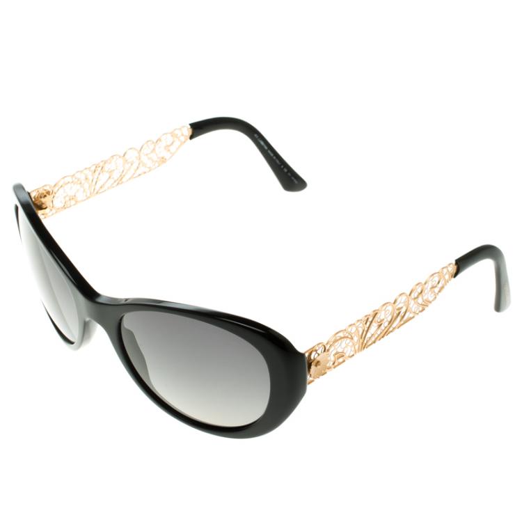 Pre Owned D&G Black 4213 Gold Tone Filigree Round Polarised Sunglasses