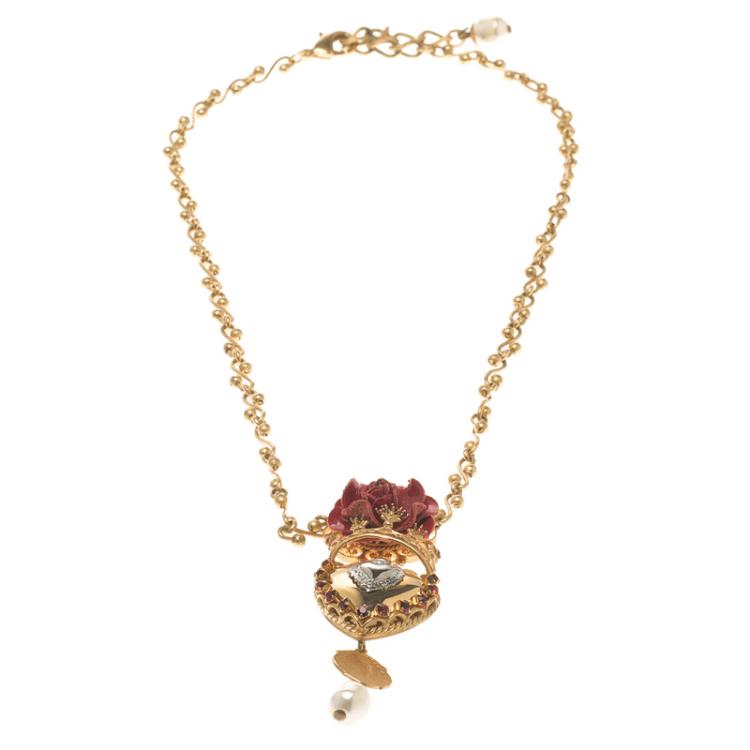 مملوكة مسبقًا Dolce and Gabbana Rose Sacred Heart Gold Tone Pendant Chain Necklace