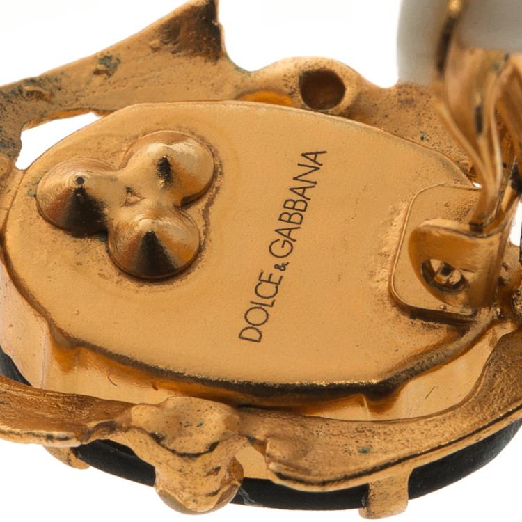 Pre Owned Dolce and Gabbana Cameo Faux Pearl Gold Tone Long Clip-on Earrings 