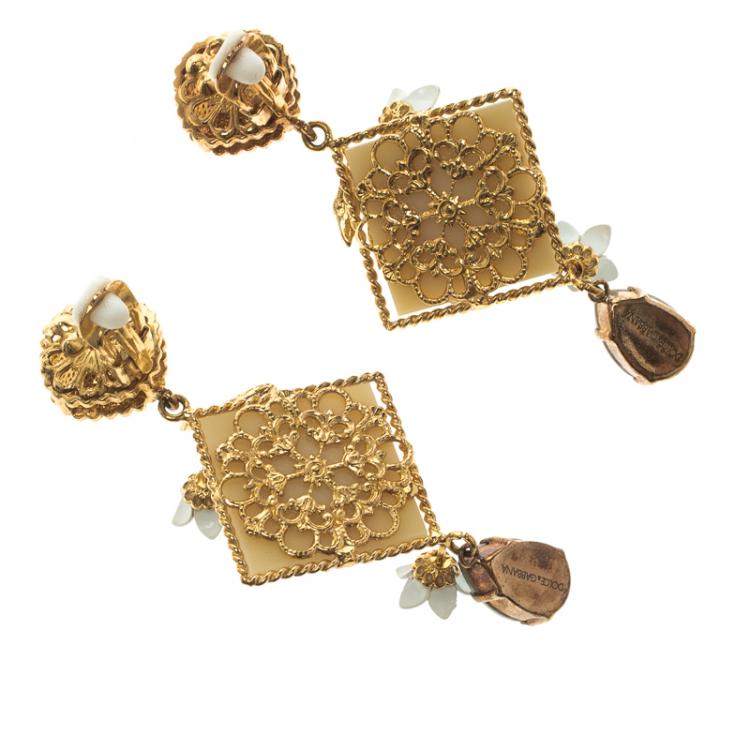 Pre Owned Dolce and Gabbana Blue Resin Tile Flower Gold Tone Clip-on Long Earrings 