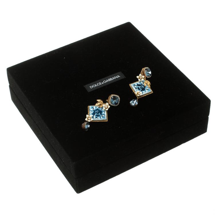 Pre Owned Dolce and Gabbana Blue Resin Tile Flower Gold Tone Clip-on Long Earrings 