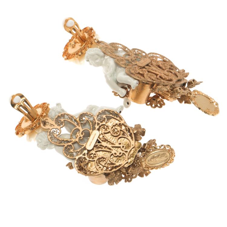 Pre Owned Dolce and Gabbana Cherub Gold Tone Clip-on Long Earrings
