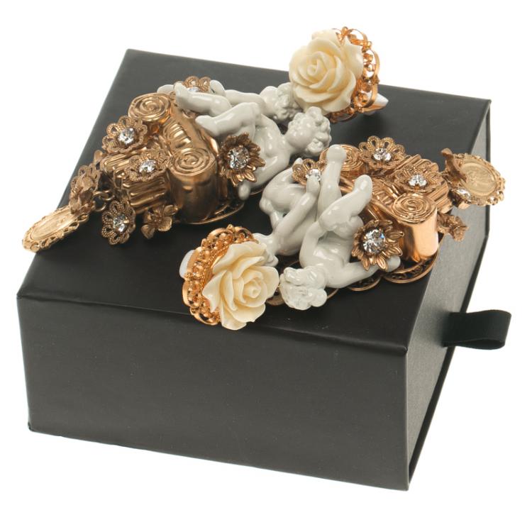 Pre Owned Dolce and Gabbana Cherub Gold Tone Clip-on Long Earrings