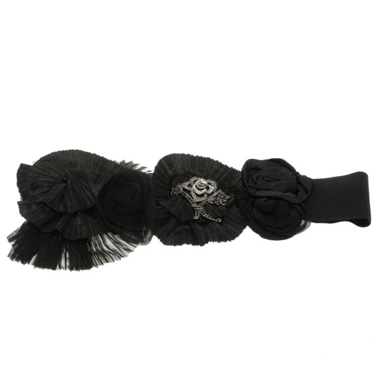 Pre Owned Dolce and Gabbana Black Elastic Fabric Embellished Waist Belt 110 CM