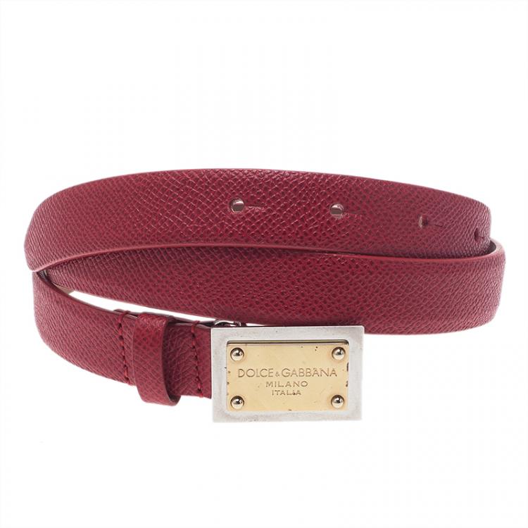 Pre Owned Dolce and Gabbana Red Leather Logo Plaque Skinny Belt 75CM