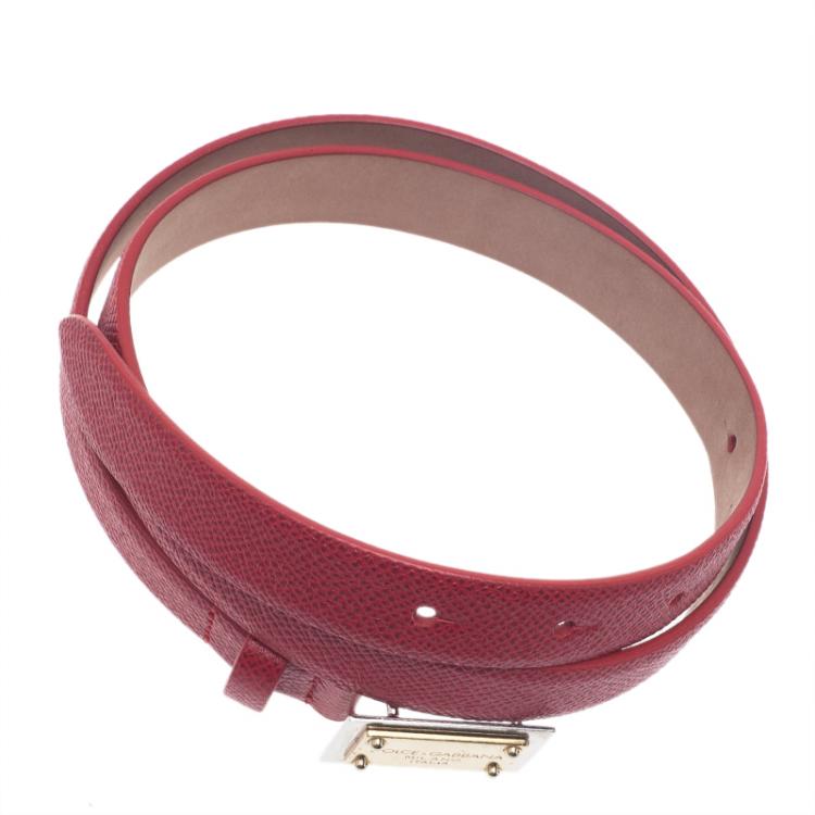 Pre Owned Dolce and Gabbana Red Leather Logo Plaque Skinny Belt 75CM