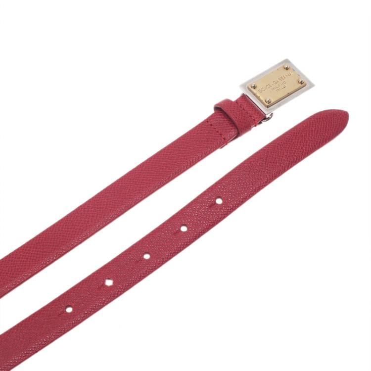 Pre Owned Dolce and Gabbana Red Leather Logo Plaque Skinny Belt 75CM