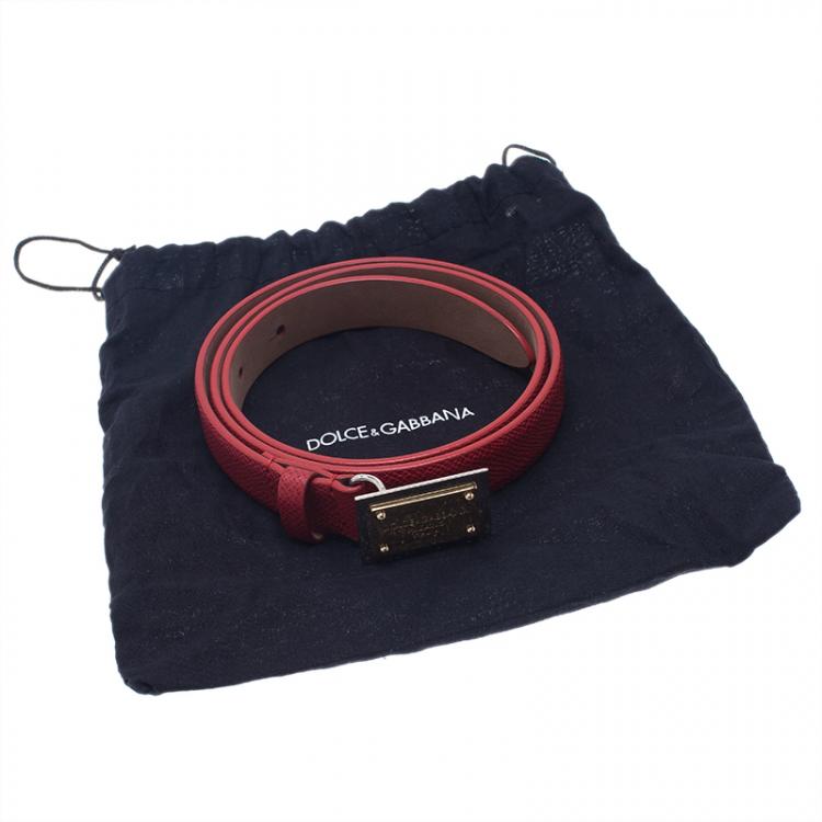 Pre Owned Dolce and Gabbana Red Leather Logo Plaque Skinny Belt 75CM