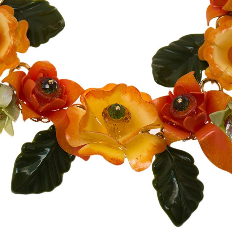 Pre Owned Dolce and Gabbana Orange Flowers Gold Tone Necklace