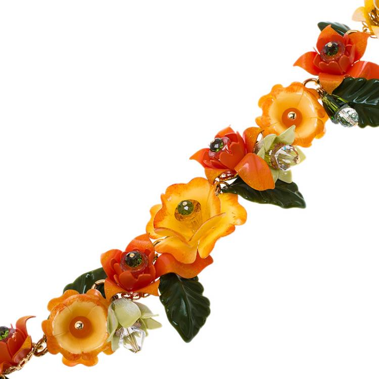 Pre Owned Dolce and Gabbana Orange Flowers Gold Tone Necklace