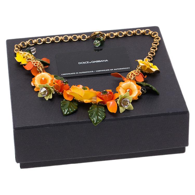 Pre Owned Dolce and Gabbana Orange Flowers Gold Tone Necklace