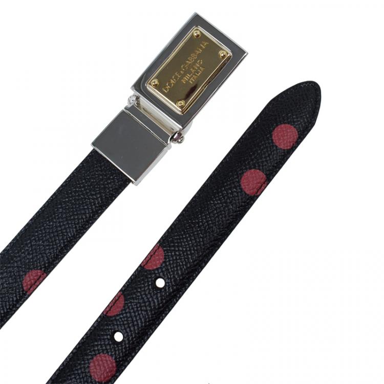 Pre Owned Dolce and Gabbana Black and Red Polka Dot Reversible Logo Plaque Belt Size 85CM