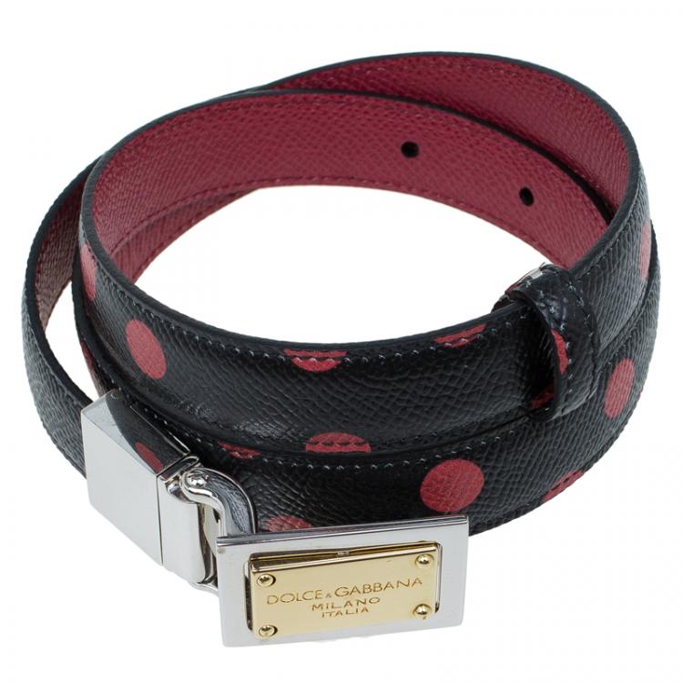 Pre Owned Dolce and Gabbana Black and Red Polka Dot Reversible Logo Plaque Belt Size 85CM
