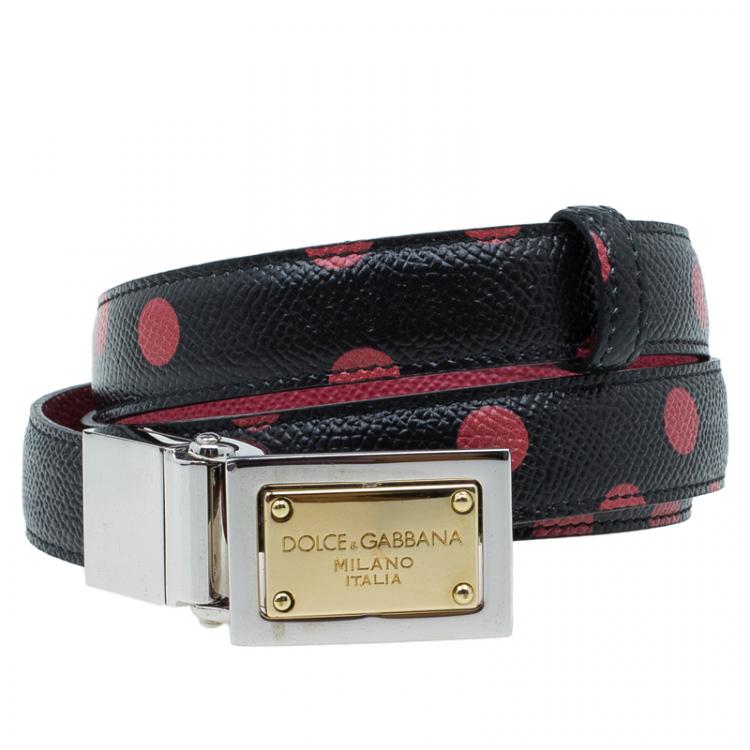 Pre Owned Dolce and Gabbana Black and Red Polka Dot Reversible Logo Plaque Belt Size 85CM