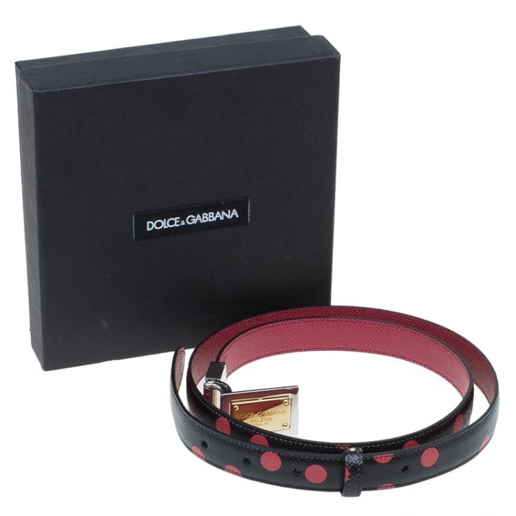 Pre Owned Dolce and Gabbana Black and Red Polka Dot Reversible Logo Plaque Belt Size 85CM