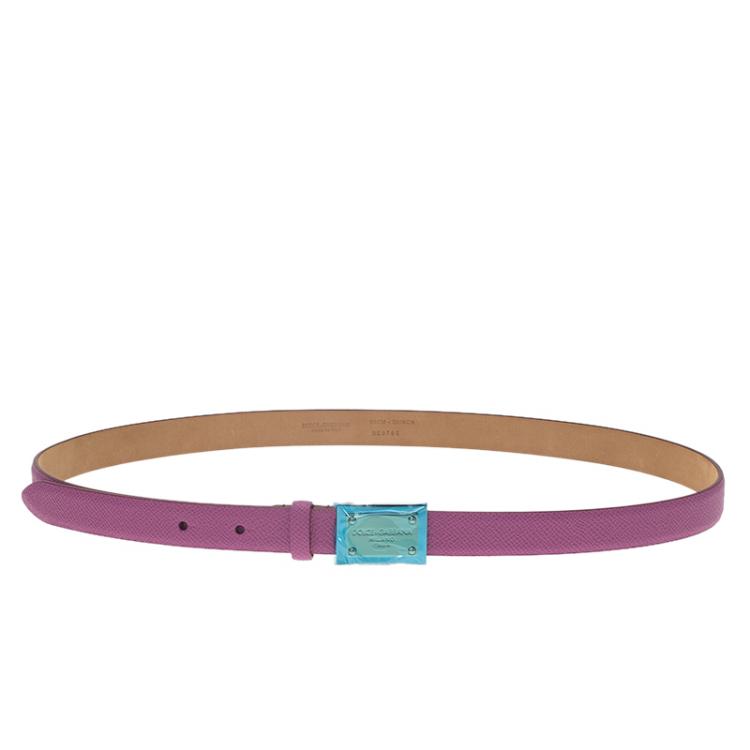 Pre Owned Dolce and Gabbana Pink Leather Logo Plaque Skinny Belt Size 90CM