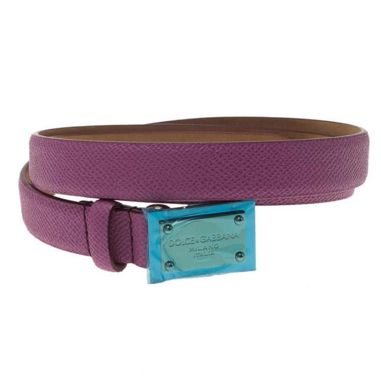 Pre Owned Dolce and Gabbana Pink Leather Logo Plaque Skinny Belt Size 90CM