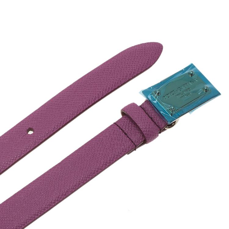 Pre Owned Dolce and Gabbana Pink Leather Logo Plaque Skinny Belt Size 90CM