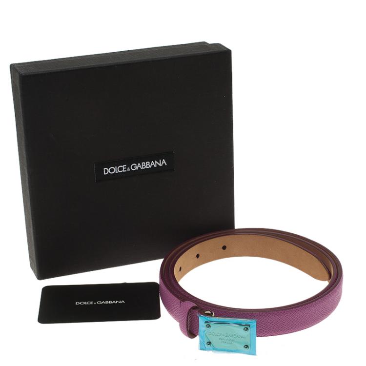 Pre Owned Dolce and Gabbana Pink Leather Logo Plaque Skinny Belt Size 90CM