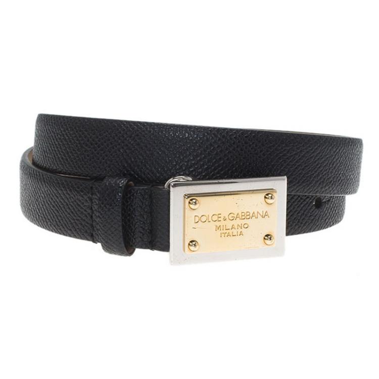 Pre Owned Dolce and Gabbana Black Logo Plaque Skinny Belt 70 CM