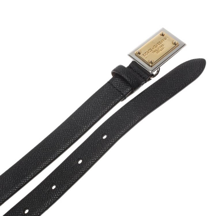 Pre Owned Dolce and Gabbana Black Logo Plaque Skinny Belt 70 CM