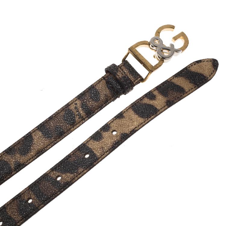 Pre Owned Dolce and Gabbana Leopard Print Leather D&G Buckle Belt 90CM