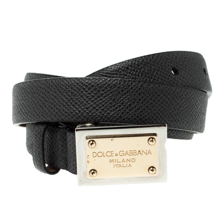 Pre Owned Dolce and Gabbana Dark Grey Leather Logo Plaque Skinny Belt Size 75 CM