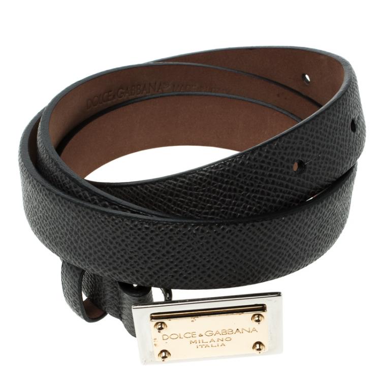 Pre Owned Dolce and Gabbana Dark Grey Leather Logo Plaque Skinny Belt Size 75 CM