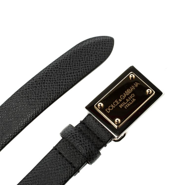 Pre Owned Dolce and Gabbana Dark Grey Leather Logo Plaque Skinny Belt Size 75 CM