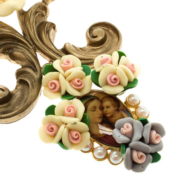 مملوكة مسبقًا Dolce and Gabbana Pastel Baroque Floral Ornaments Faux Pearl Cameo Clip-on Chandelier Earrings