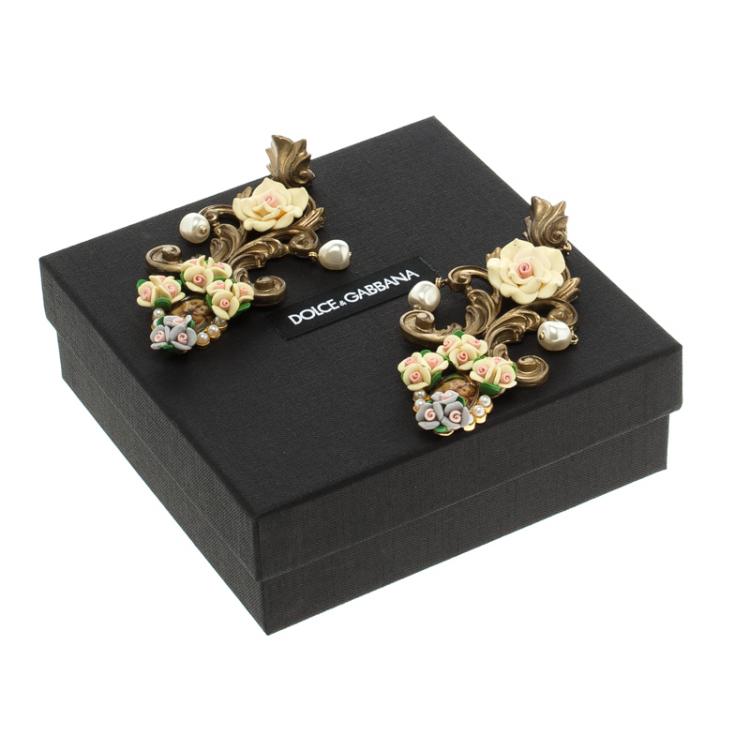 مملوكة مسبقًا Dolce and Gabbana Pastel Baroque Floral Ornaments Faux Pearl Cameo Clip-on Chandelier Earrings
