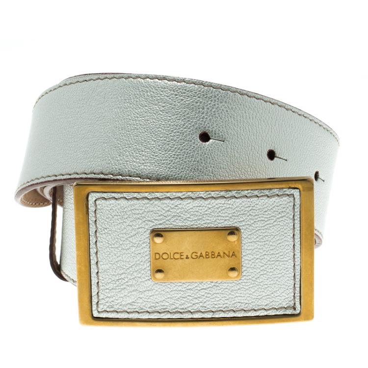 Pre Owned Dolce and Gabbana Silver Leather Logo Plaque Belt 90 CM