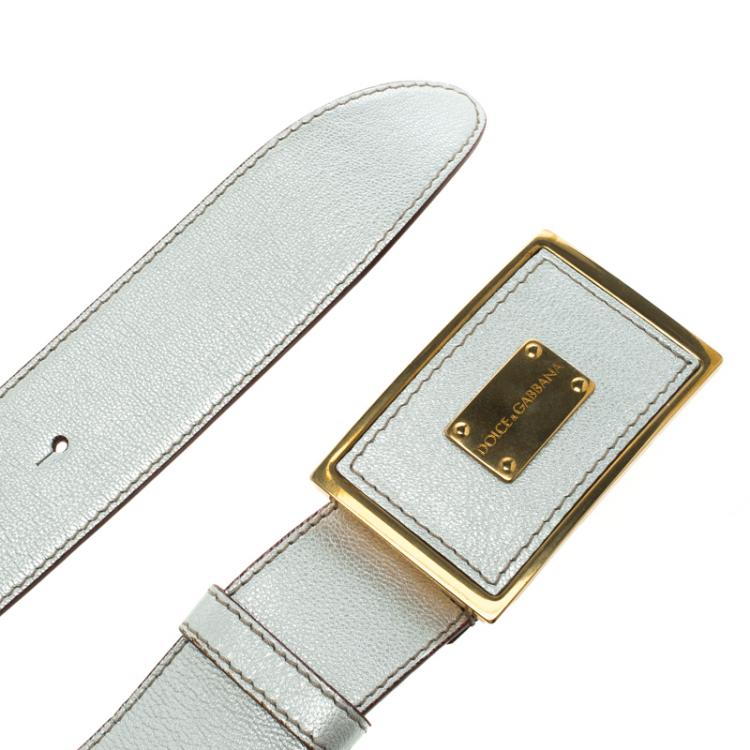 Pre Owned Dolce and Gabbana Silver Leather Logo Plaque Belt 90 CM