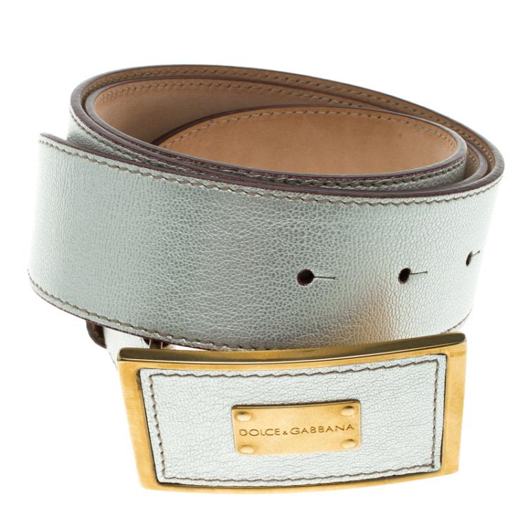 Pre Owned Dolce and Gabbana Silver Leather Logo Plaque Belt 90 CM