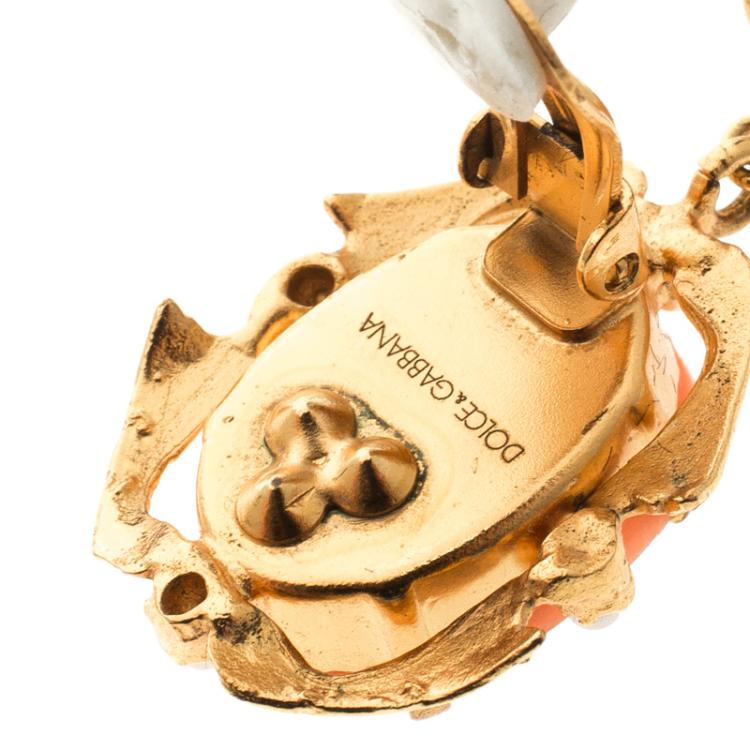 Pre Owned Dolce and Gabbana Cameo Faux Pearl Floral Gold Tone Long Earrings