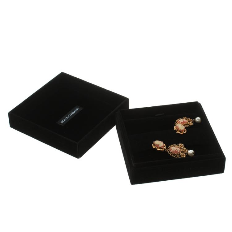 Pre Owned Dolce and Gabbana Cameo Faux Pearl Floral Gold Tone Long Earrings